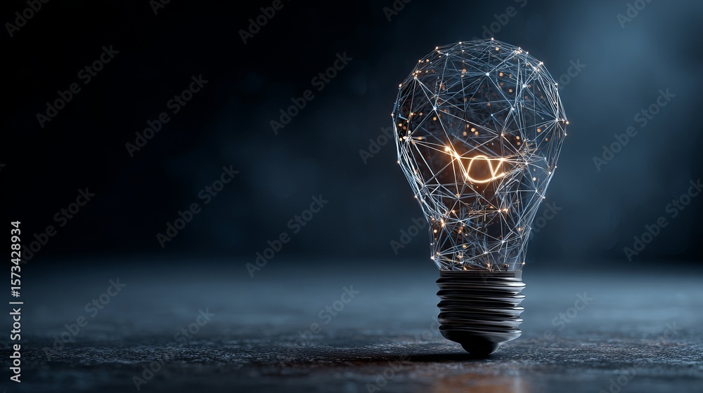 Poster lightbulb idea representation created with interconnected nodes and glowing elements reflecting on a