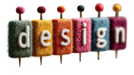The word design is spelled out with fluffy, colorful letters mounted on pins, creating a vibrant and creative visual isolated on transparent background