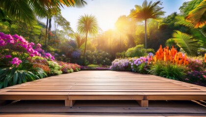Obraz premium vibrant tropical garden with a wooden display platform surrounded by colorful flowers in bright sunlight