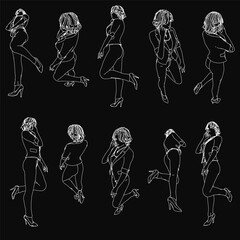 A confident girl stands on a black background, wearing a stylish dress with detailed facial features. Her fashionable hair and poised posture create a striking contrast against the dark backdrop.