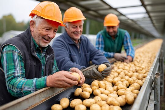 Farmers inspecting potatoes on conveyor belt in food processing plant
