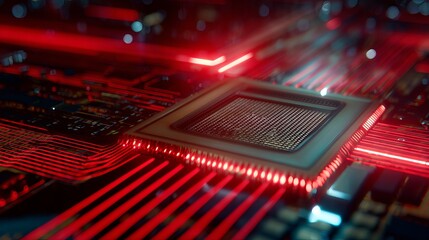 Intricate macro shot unveiling the inner workings of a computer processor, illuminated with radiant red light patterns.