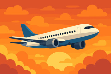 Fototapeta premium Commercial airplane flying through clouds at sunset or sunrise. Modern flat vector graphic illustration. Air travel, tourism, and transportation concept. Passenger jet in sky.