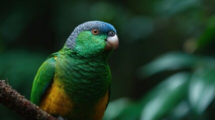 Close-up of endangered bird perched on branch in dense rainforest canopy