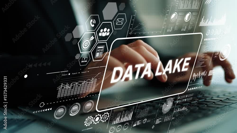 Poster futuristic data analysis concept with hands on keyboard and digital data visualization elements. asy