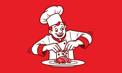 Cartoon Chef Cooking on Red 