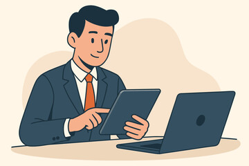 Businessman working at office desk with tablet and laptop. Professional manager at workplace. Concept of corporate workflow, productivity, technology. Flat vector illustration.