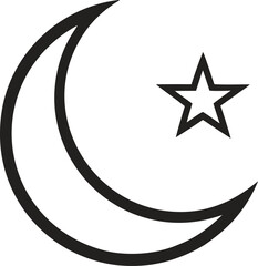Black Line Art Icon of a Crescent Moon and Five Pointed Star Minimalist Graphic Design Element star and crescent