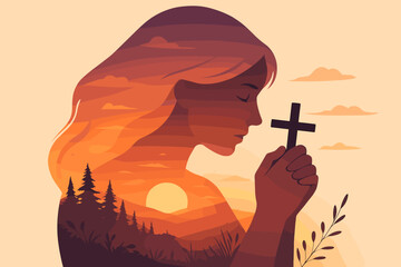 Double exposure woman silhouette praying with christian cross. Faith and hope concept. Spirituality and religion in nature sunset landscape. Modern flat vector illustration.