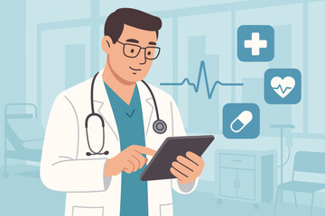 Doctor with tablet, concept of e-health and telemedicine. Digital healthcare technology, online consultation, electronic patient record, virtual visit, medical app innovation.