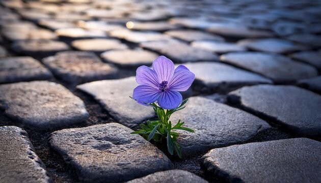 violet flower growing in between stone paving