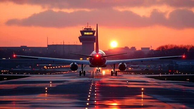 Plane preparing to take off at dawn, control tower in the distance