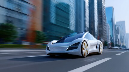 Self-driving car navigating through a smart city street, autonomous vehicles. Future technology, sleek.