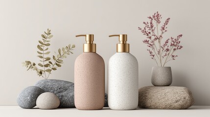 Minimalist soap dispenser bottles on stone with dried plants – natural skincare, bathroom decor and wellness branding concept
