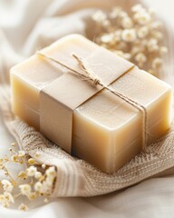 Handmade natural soap with eco-friendly packaging on soft fabric – skincare, organic beauty product and wellness branding concept