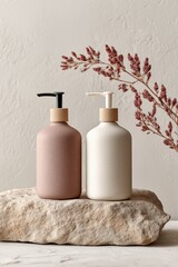 Skincare dispenser bottles with wooden caps and dried florals – spa product design, natural cosmetics and wellness advertising concept