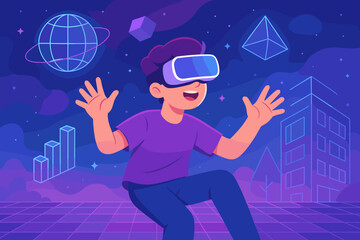 Man in VR headset explores metaverse. Virtual reality world. Digital innovation technology. Futuristic interactive entertainment, simulation, business and education concept.