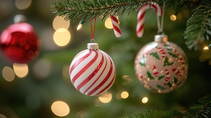 Festive Christmas ornaments hanging on decorated tree with candy cane – holiday mood, decoration and celebration concept