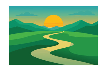 Peaceful River Curving Through Green Plains At Sunset