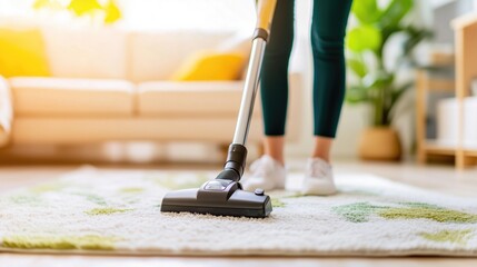Vacuum cleaner in use on bright carpet in cozy living room – home hygiene, cleaning routine and housekeeping concept