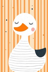 Smiling duck cartoon on striped background with polka dots – nursery wall art, kids design and playful animal illustration concept