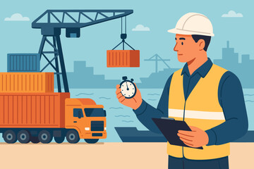 Transport and logistic. Foreman checking and control timing of cargo freight distribution. Port harbor background with crane and truck. Industry and import export concept.