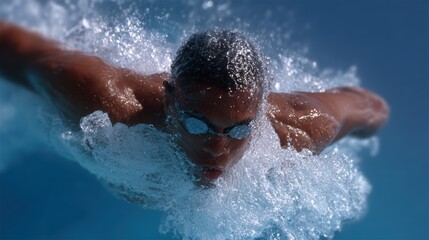 Swimmer diving into a clear blue pool, powerful splash. Aquatic sport, grace. Dynamic.