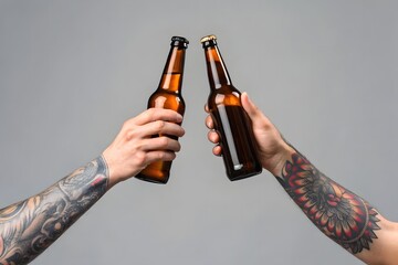 Hands with tattoos lift two beer bottles in a celebratory cheers at a casual gathering with friends