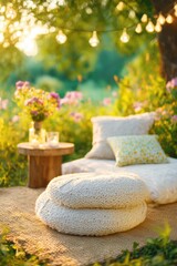 Cozy boho summer outdoor lounge with string lights, cushions & greenery by the lake – relaxed al fresco décor concept