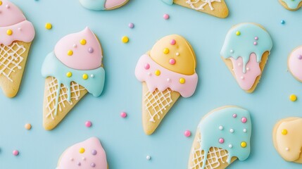 Iced sugar cookies shaped like ice cream cones on blue background – sweet treats and decorative dessert concept