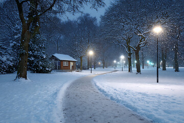 Snow covered park pathway winding towards a small wooden cabin illuminated by soft warm light from street lamps at night during a snowfall