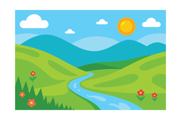 Obraz premium Lush Cartoon Valley Landscape With A Winding River
