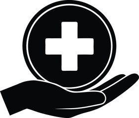 Fototapeta premium Black Silhouette of a Hand Gently Holding a Black Circle Icon with a White Medical Cross Symbol vector