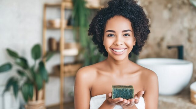 Smiling young woman washing her face with natural soap bar in spa-like bathroom – skincare routine wellness concept