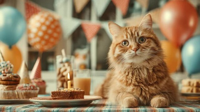 international cat day concept with cat eat food on table with birthday party decoration background