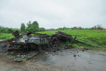 Destroyed Russian tank in Kyiv region countryside