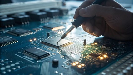 Repairing a computer motherboard with a soldering iron, highlighting technology and electronics maintenance with a hand in the process.
