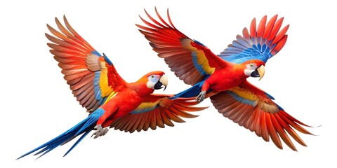 Obraz premium Set of vibrant red and yellow macaw parrots, a colorful tropical bird, flying with exotic feathers