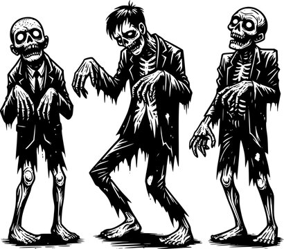 halloween drawing of a silly zombie character in a funny pose in black and white doodle style for halloween themed designs
