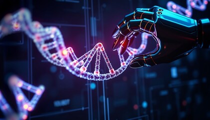 Holographic 3D interface for AI-assisted gene editing, DNA helix with glowing cut points