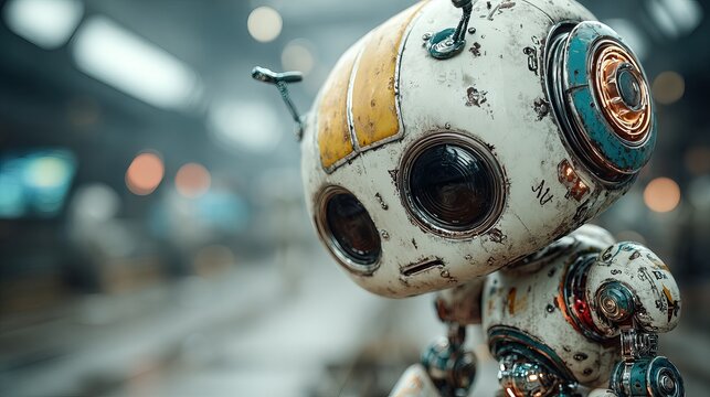 A weathered, adorable robot with large, expressive eyes stands in a blurred industrial or workshop setting.