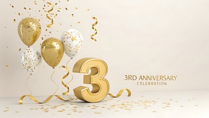 Golden balloons and confetti celebrate a 3rd anniversary