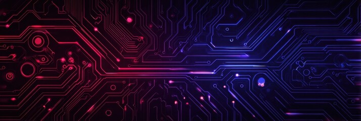 Abstract vector circuit board background with blue and red light effect on a dark purple background, a technology banner design for a website layout template Generative AI