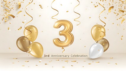 Golden balloons and confetti celebrate a 3rd anniversary