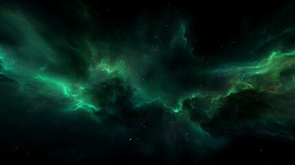 Fototapeta premium Deep space with immersive green nebulas and glowing stars, 3D depth.