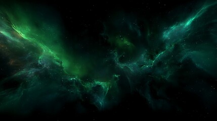 Fototapeta premium Deep space with immersive green nebulas and glowing stars, 3D depth.