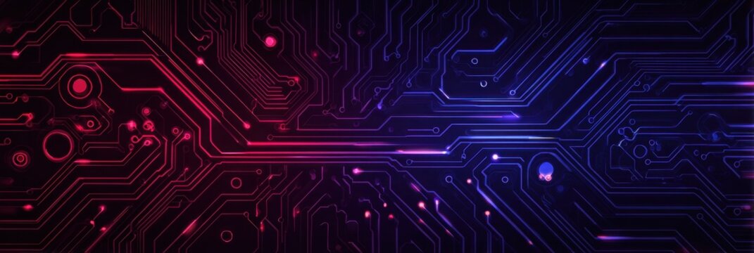 Abstract vector circuit board background with blue and red light effect on a dark purple background, a technology banner design for a website layout template Generative AI