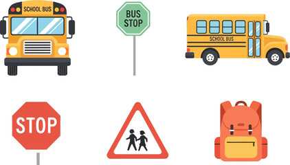 School safety vector illustration with bus stop sign and school bus clip art