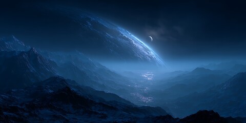 Night alien planet landscape in blue tones, 8K photo with diffusion filter