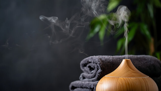 Serene Spa Aromatherapy: Wooden Diffuser with Steam and Gray Towels